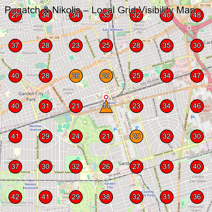 Pugatch & Nikolis GeoGrid visibility map for Personal Injury Attorney in Mineola